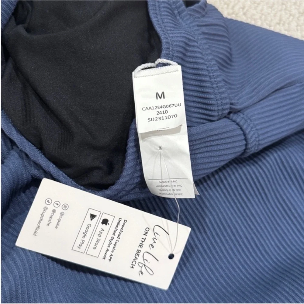 New! Cupshe Blue Ribbed Tummy Control Standard One-Piece - Picture 9 of 11